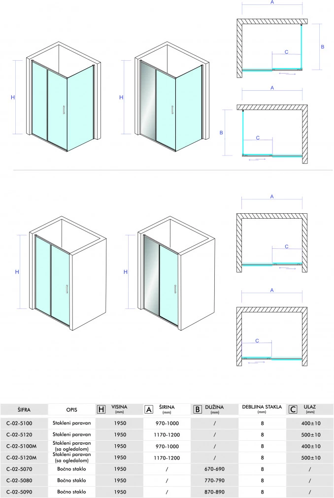 Stakleni paravan 100cm, 8mm C-02-5100