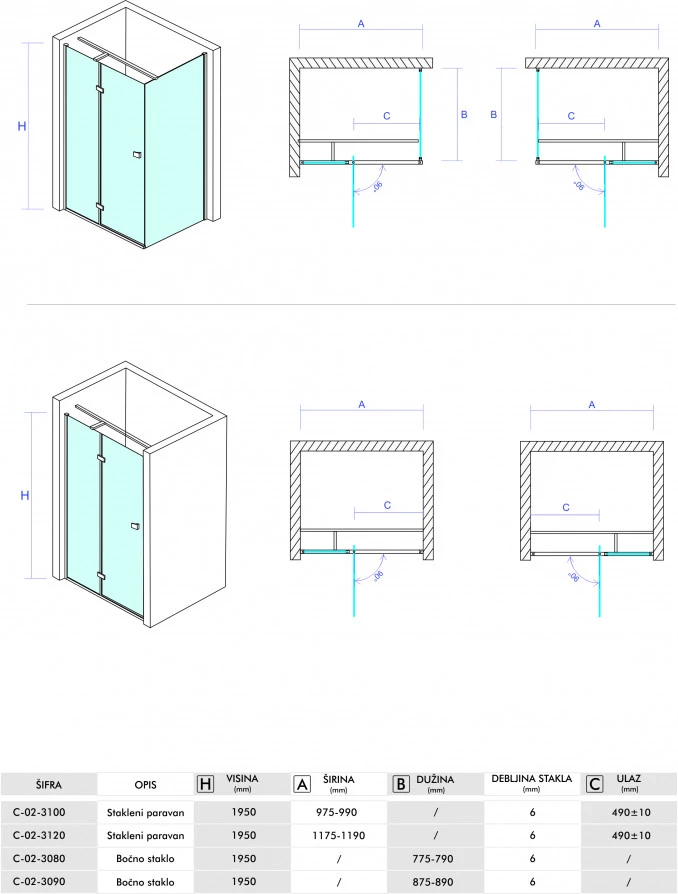 Stakleni paravan 100x195, 6mm C-02-3100