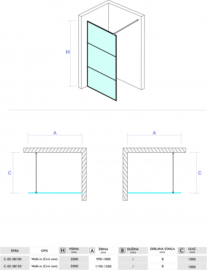 Paravan Walk-in 100x200 8mm COPEN MONTE BLACK C-02-SB100