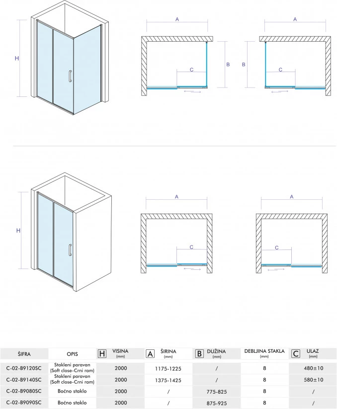 Stakleni paravan CONCEPT ALPHA BLACK 120x200 8mm staklo C-02-B9120SC