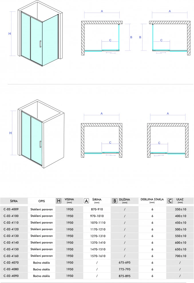 Stakleni paravan CONCEPT ATLAS 140x195 staklo 6mm providno C-02-4140