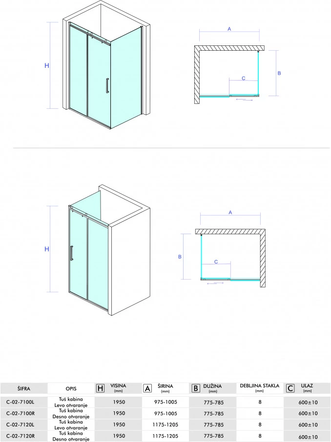 Tuš kab.100x80, 8mm desna NEPTUN SBA C-02-7100-R