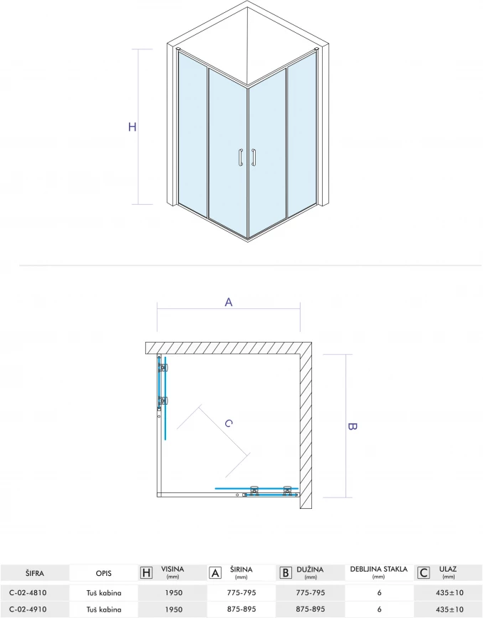 Tuš kabina kvadratna 90x90x195 6mm ATLAS C-02-190