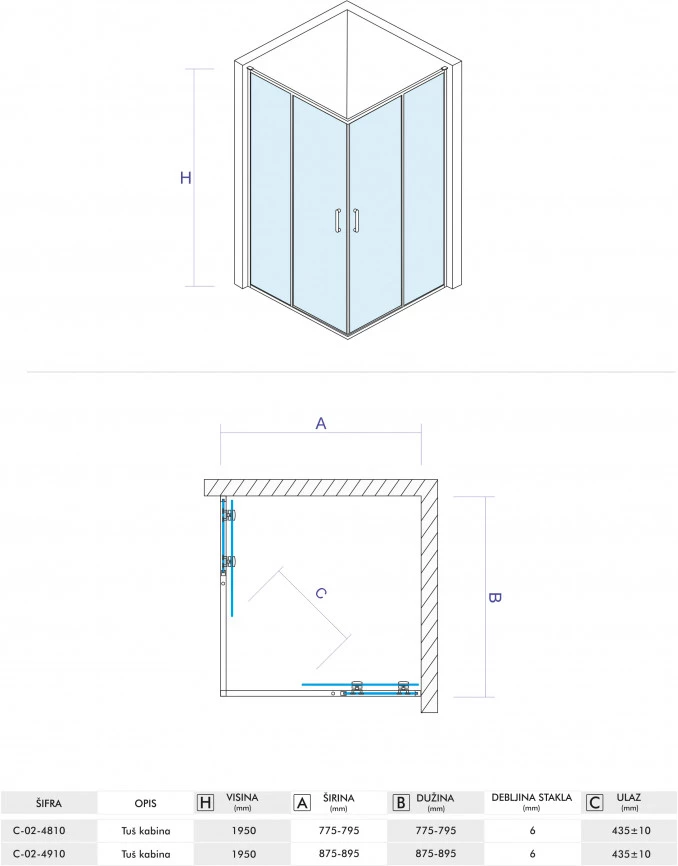 Tuš kabina kvadratna 90x90x195 6mm ATLAS C-02-4910