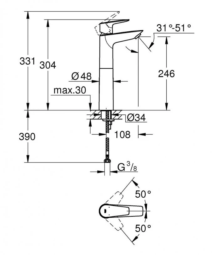 Baterija GROHE za lavabo visoka 23761001