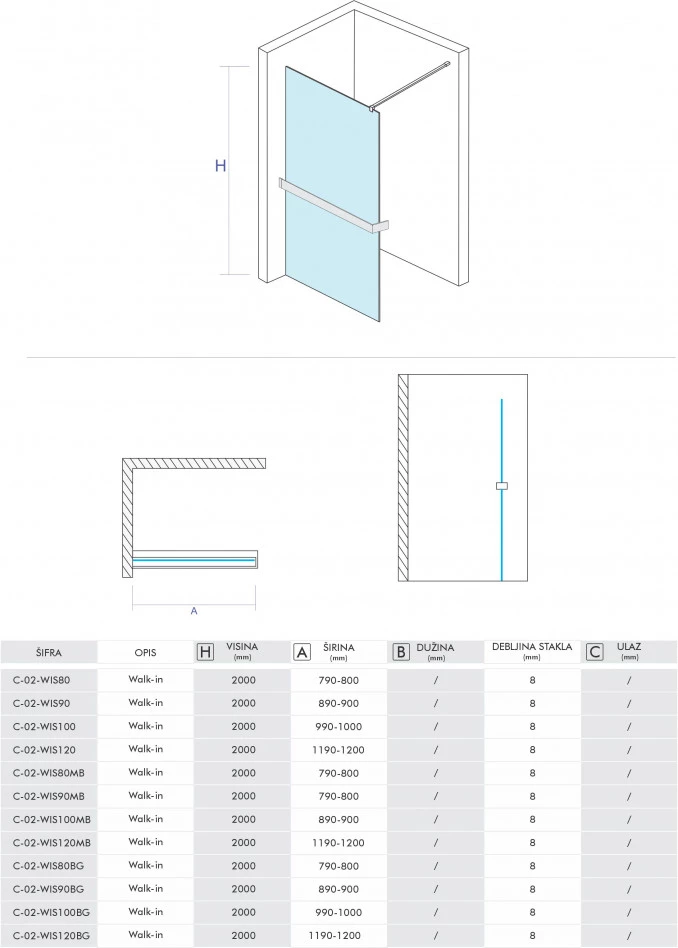 Paravan Walk-in 90x200 8mm COPEN MONTE SUPERIORE polica i držac brušeno zlato C-02-WIS90BG