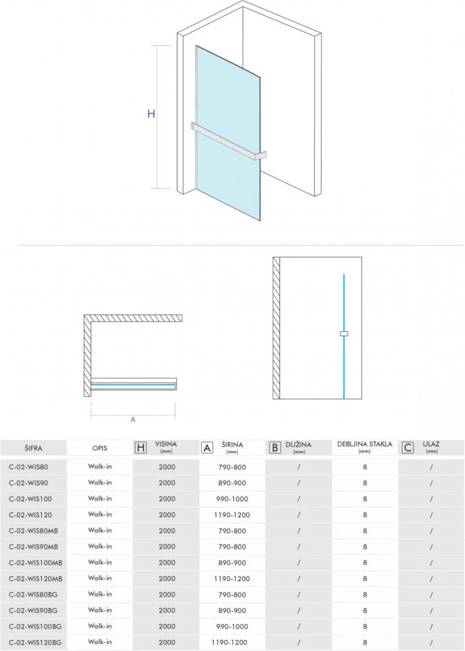 Paravan Walk-in 100x200 8mm COPEN MONTE SUPERIORE polica i držac hromi C-02-WIS100CR