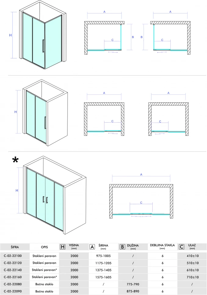 Stakleni paravan CONCEPT DEVON200 1000x2000 staklo 6mm providno sa tankim ramom