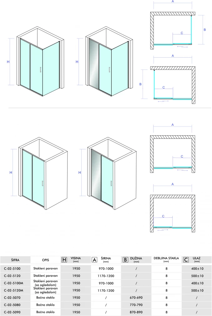 Stakleni paravan CONCEPT TITAN 1000x1950 staklo 8mm providno sa ogledalom