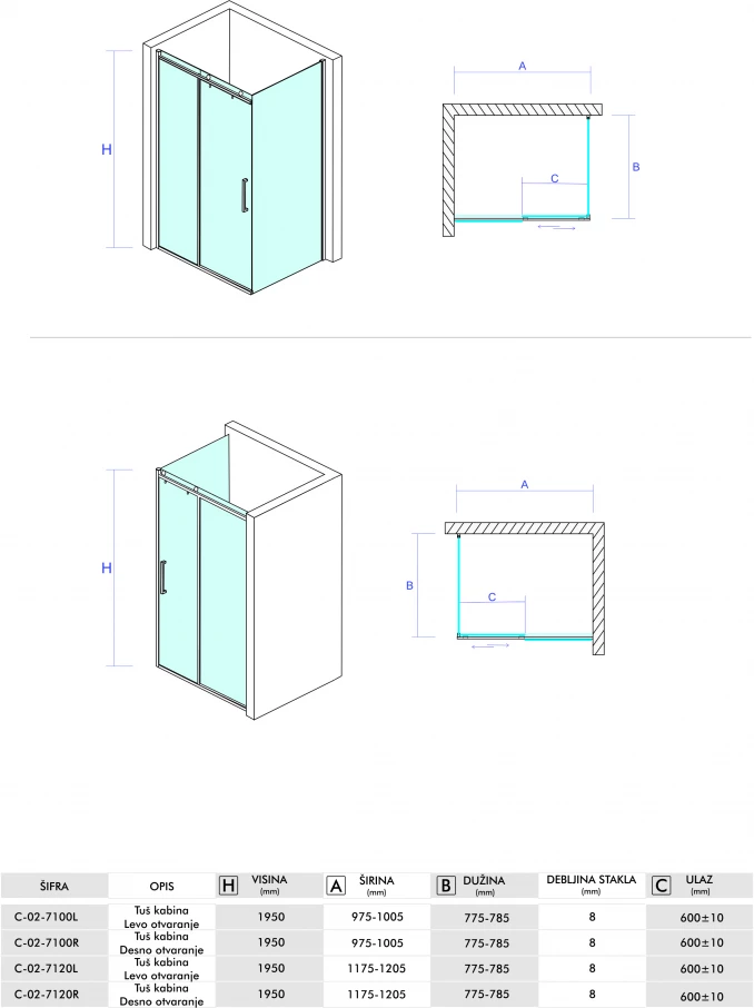 Tuš kabina CONCEPT NEPTUN 1200x800 staklo 8mm providno leva