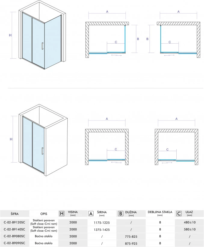 Boèno staklo CONCEPT ALPHA BLACK 800x2000 8mm staklo