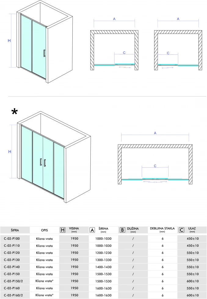 Klizna vrata CONCEPT OPAL 1200x1950 staklo 6mm providno