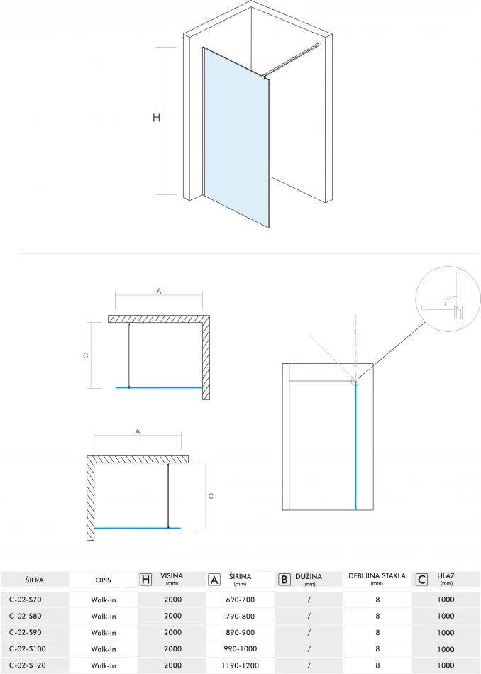 Stakleni paravan CONCEPT MONTE 1200x2000 8mm staklo