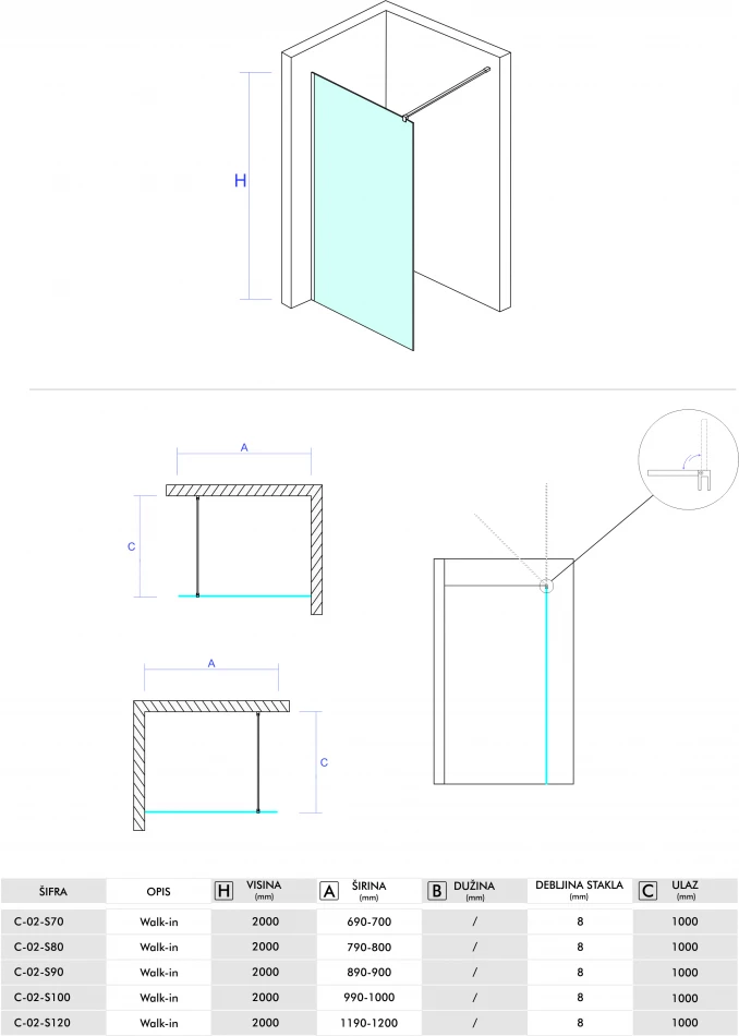 Stakleni paravan CONCEPT MONTE 700x2000 8mm staklo