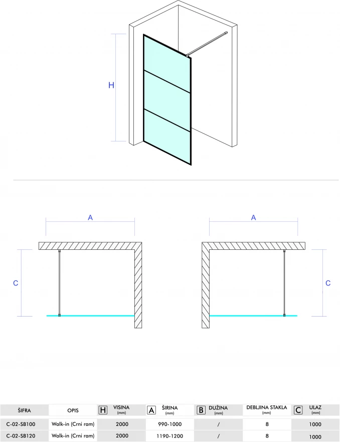 Stakleni paravan CONCEPT MONTE 1200x2000 crni mat ram 8mm staklo