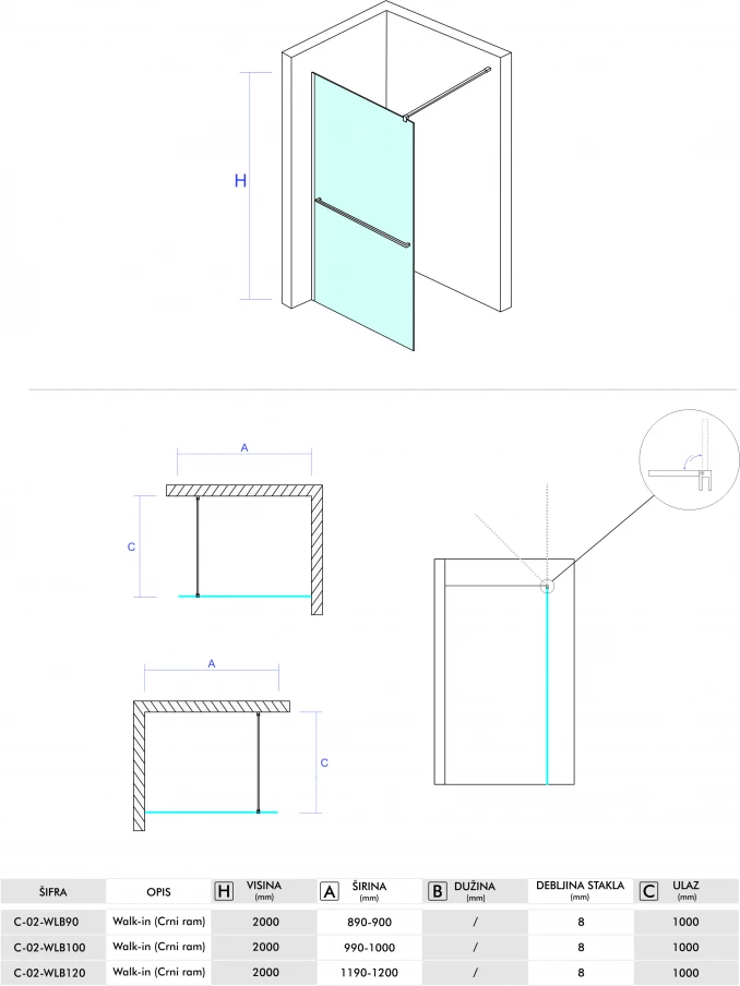 Walk-in CONCEPT MONTE PLUS 1000x2000 crni mat ram 8mm staklo i držač peškira